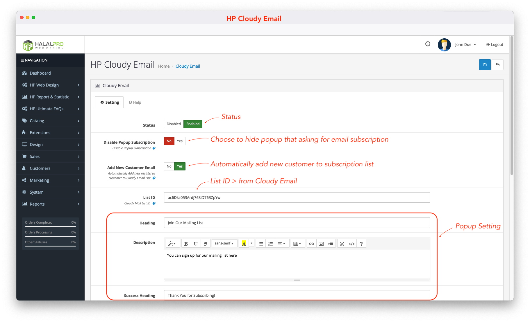 cloudy email x opencart integration setting